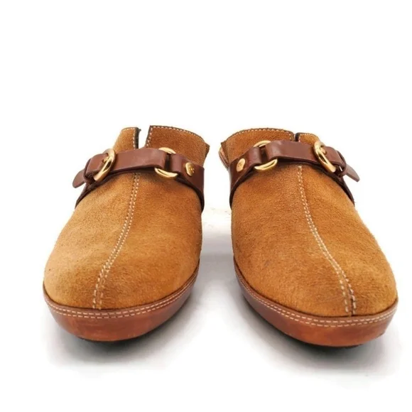 Cole Haan Tan Suede & Brown Leather Gold Buckle Strap Slide-On Mid Heel Mules - Picture 3 of 15
